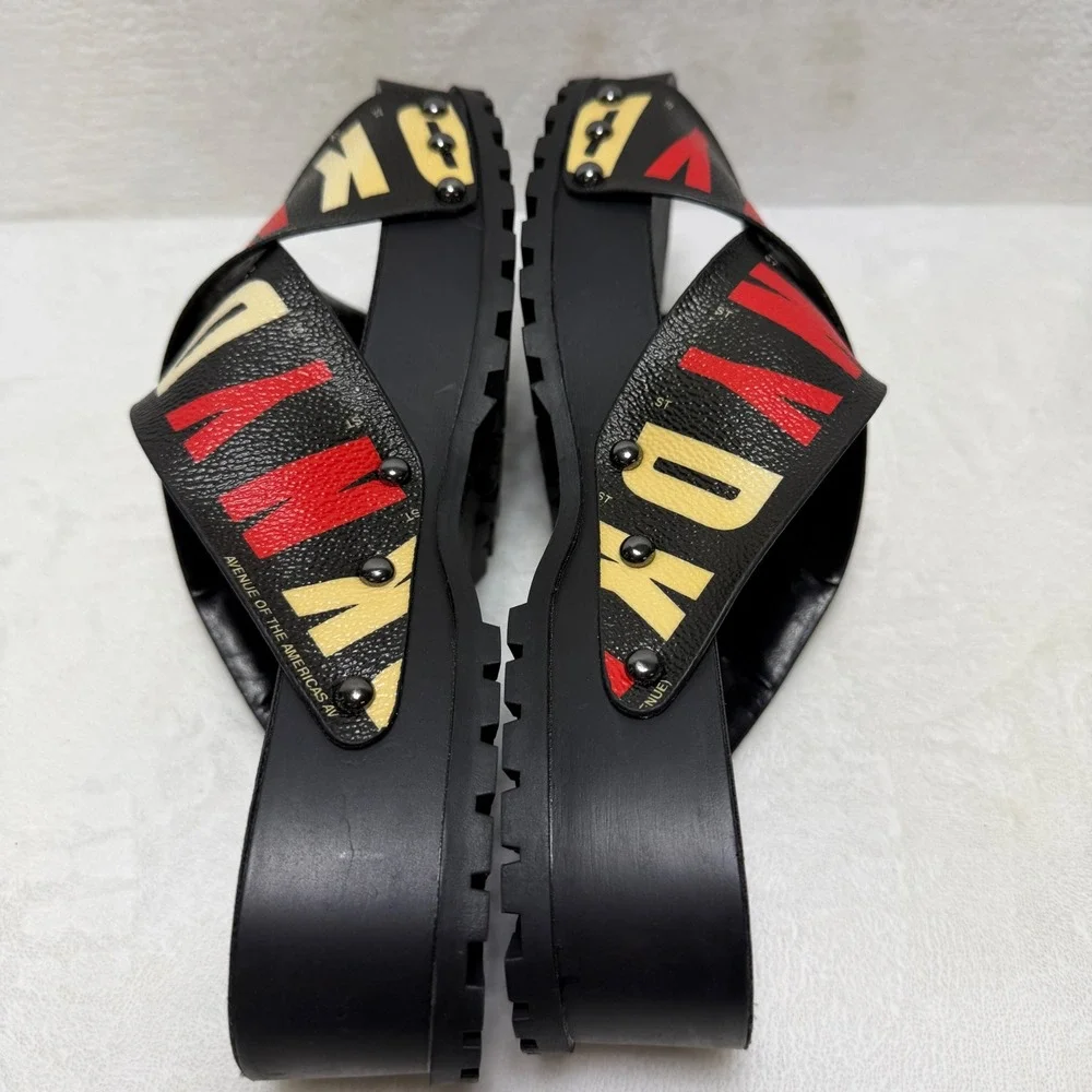 DKNY Womens Platform Slide Sandals Black Red White Crisscross Straps Studded